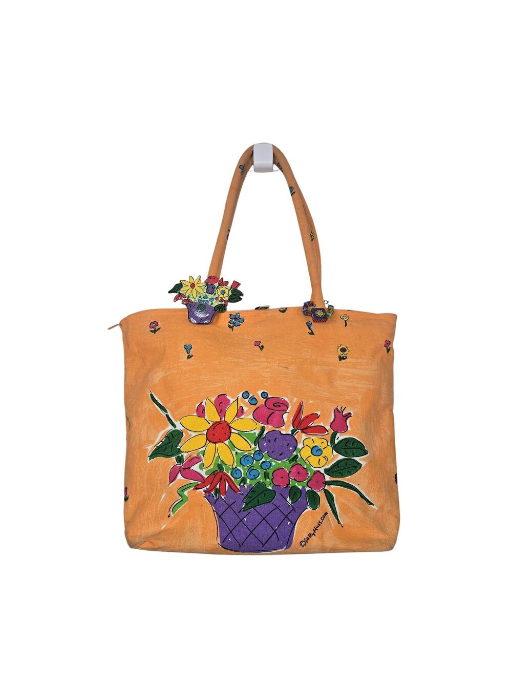 Sally Huss Tote Bag Womens Large Orange Canvas Floral Art Zip Top Charm Flower